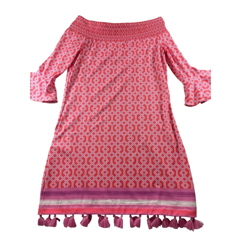 Cabana Life Pink Geometric Off Shoulder Tassel Hem Dress Cover Up CL-706
